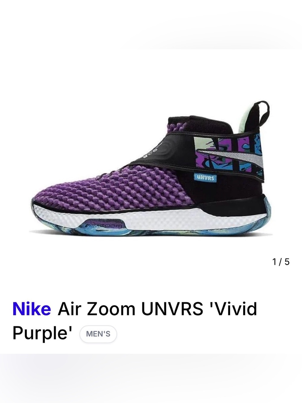 Nike Air Zoom UNVRS Men’s 9 Basketball Sneakers - Purple, Black and Blue. Velcro